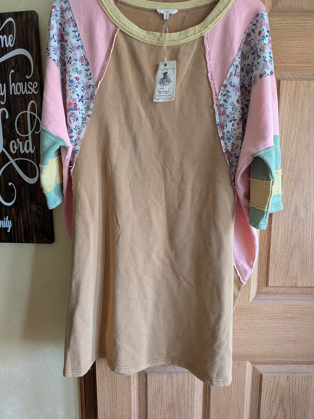 easel Patchwork Brown Tunic with Pink, Mint & Floral Accents